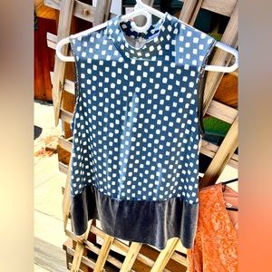 Zara turtleneck blouse. Blue w white squares and gray velvet trim at waist.